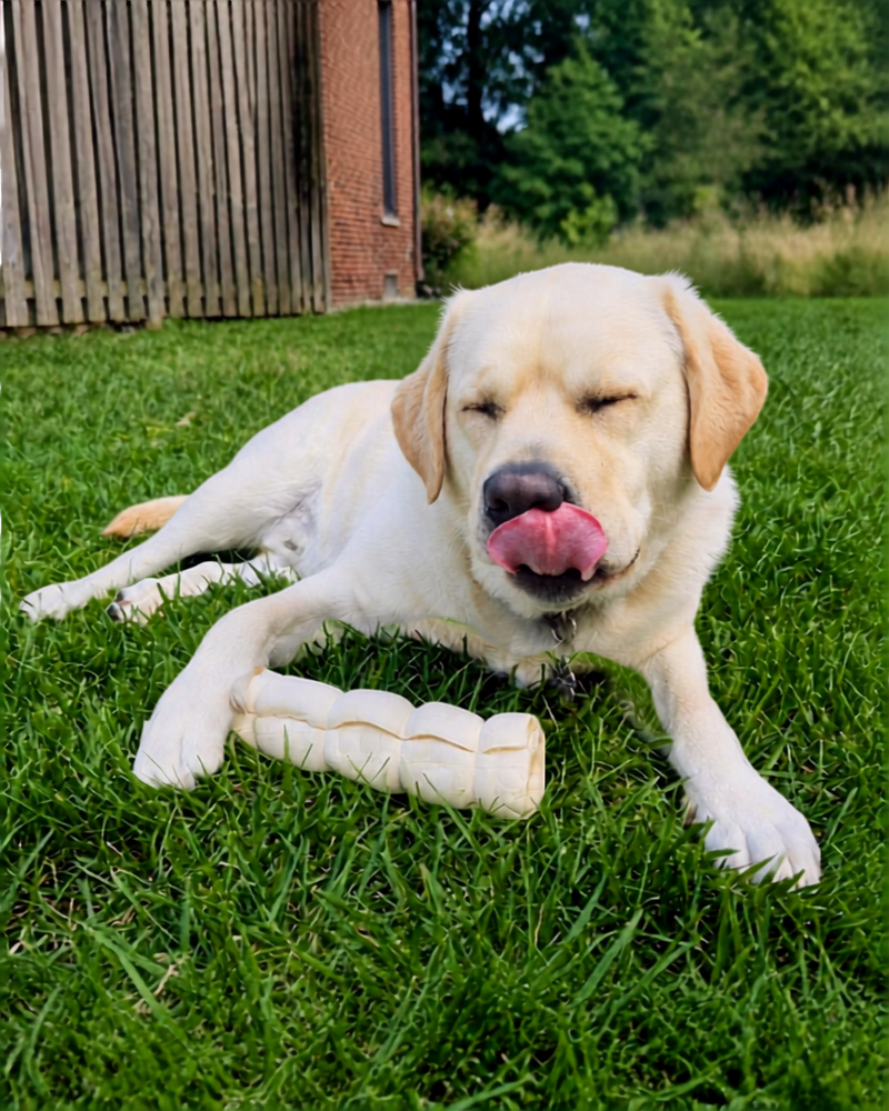 White dog laying in grass, licking his face as he chews an Allgood Pet Supplies beef cheek roll.