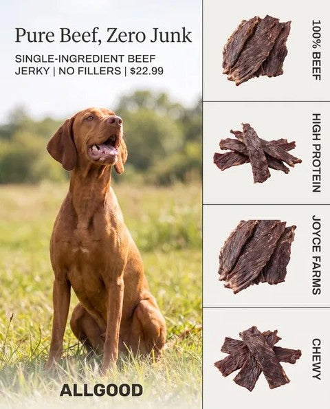 Photo of a dog in a field with photos of beef strips along the side on a white background.