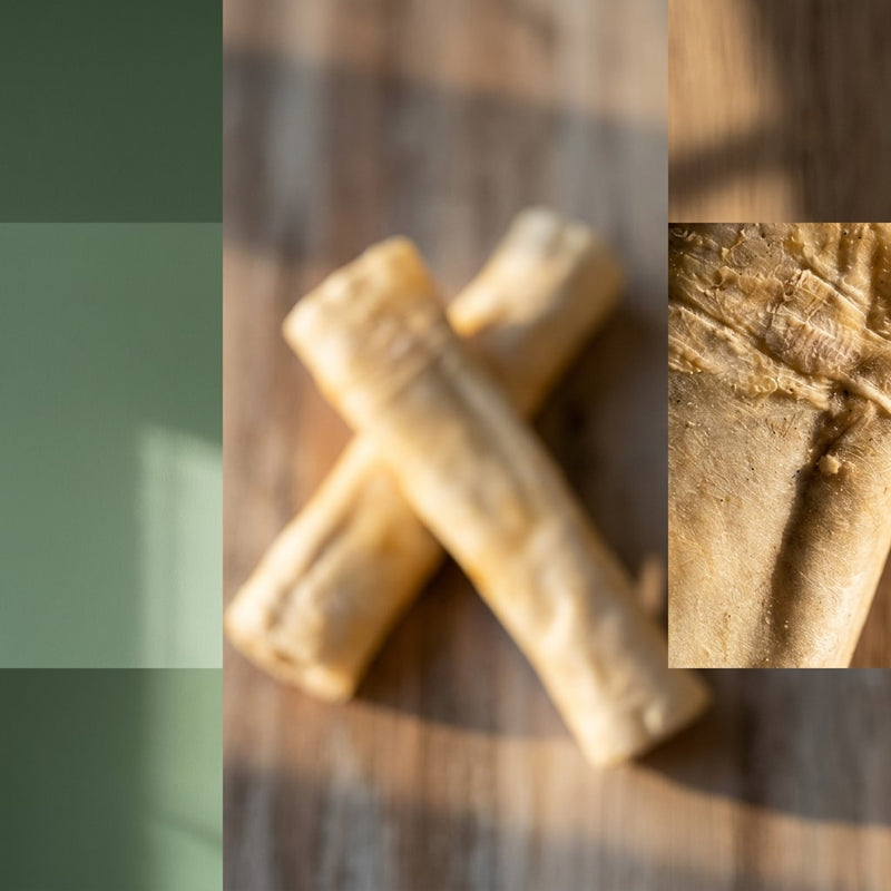 two beef tail chews by Allgood Pet Supplies sitting on a table, with a close up shot of a chew.