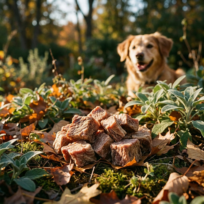 Dog outside looking at chopped meat sitting on leaves
