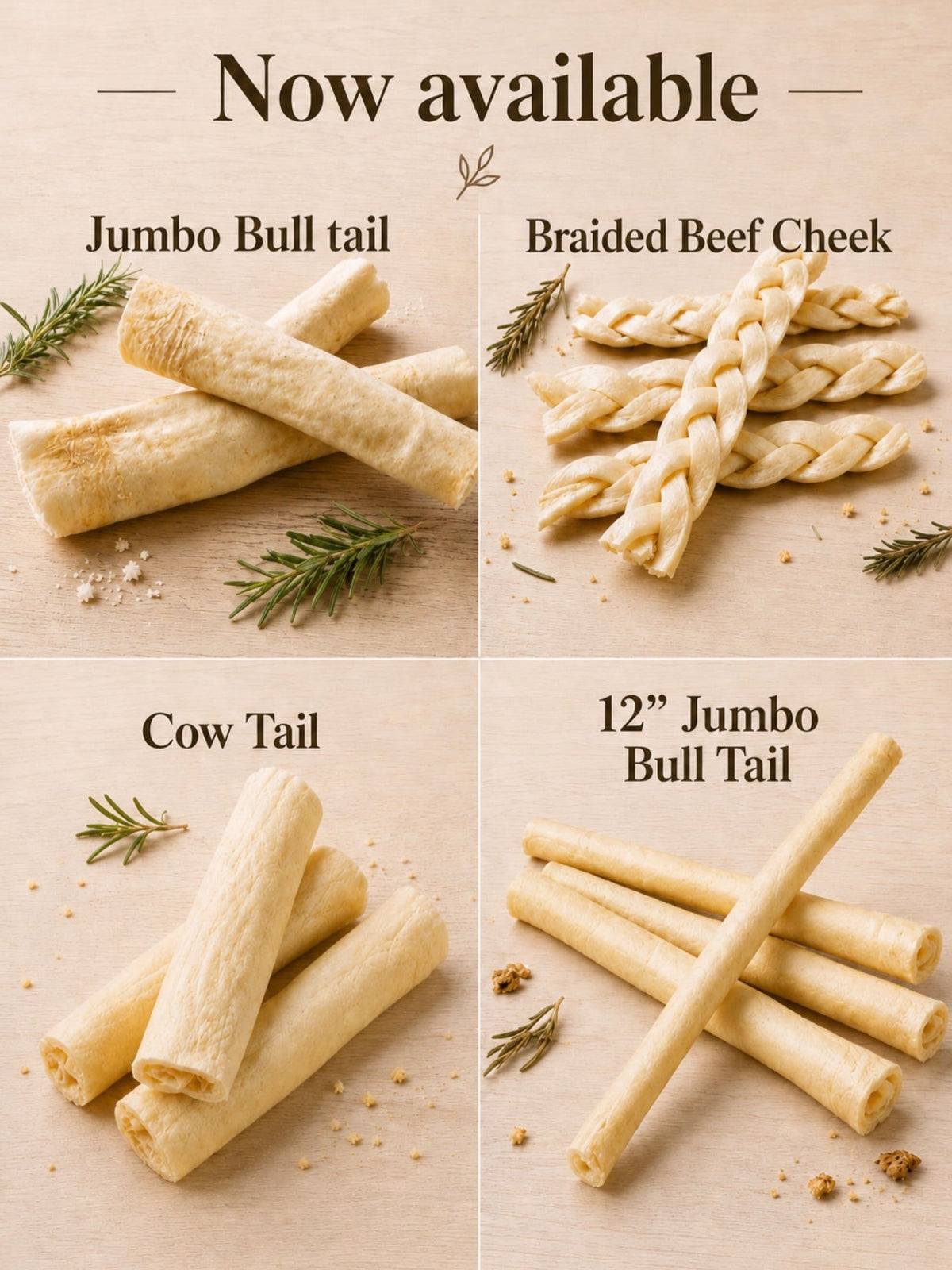 Four different styles of Allgood dog chews made of beef on a light background.
