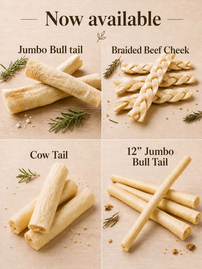 Four different styles of Allgood dog chews made of beef on a light background.