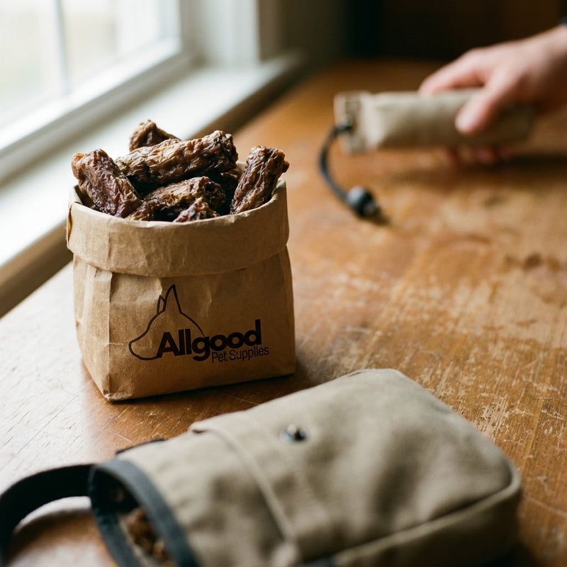 Allgood Certified photo of a brown paper bag of beef treats on a wooden table.