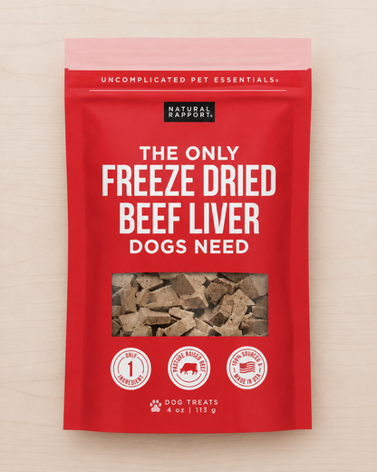 Allgood freeze dried dog treats in red bag  on a light wood background. 