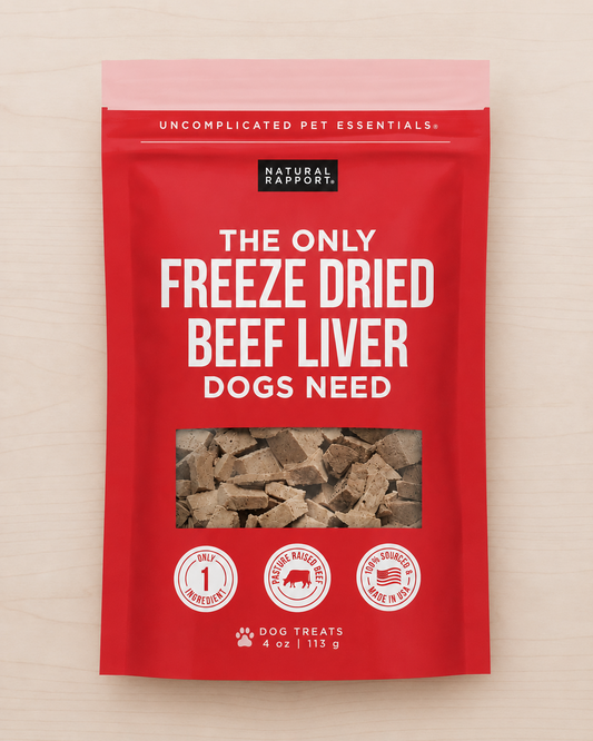 Allgood freeze dried dog treats in red bag  on a light wood background. 