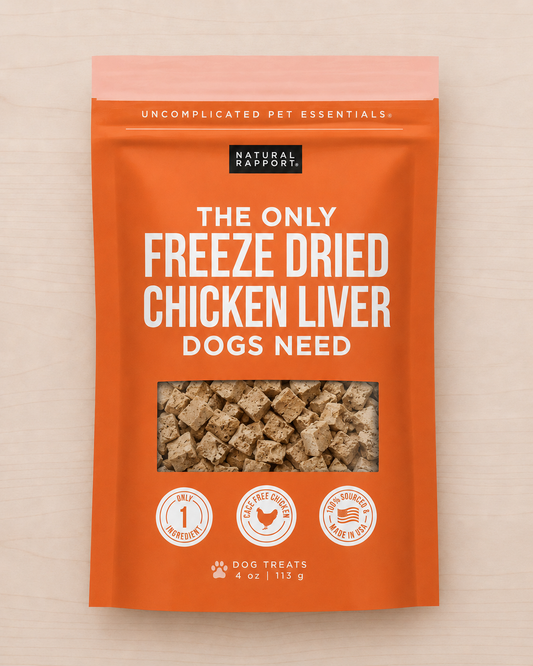 Allgood freeze dried dog treats set against a light wood background.