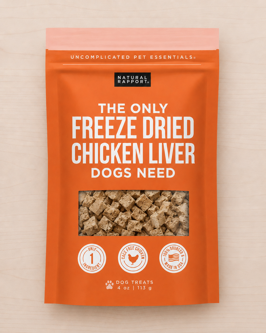 Allgood freeze dried chicken dog treats,  set against a light wood background.