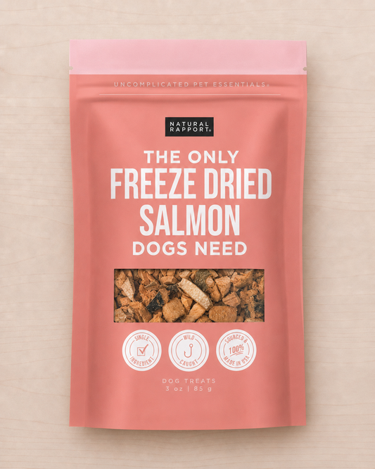 Allgood freeze dried salmon treats, a stand-up pouch on a light wood background. 