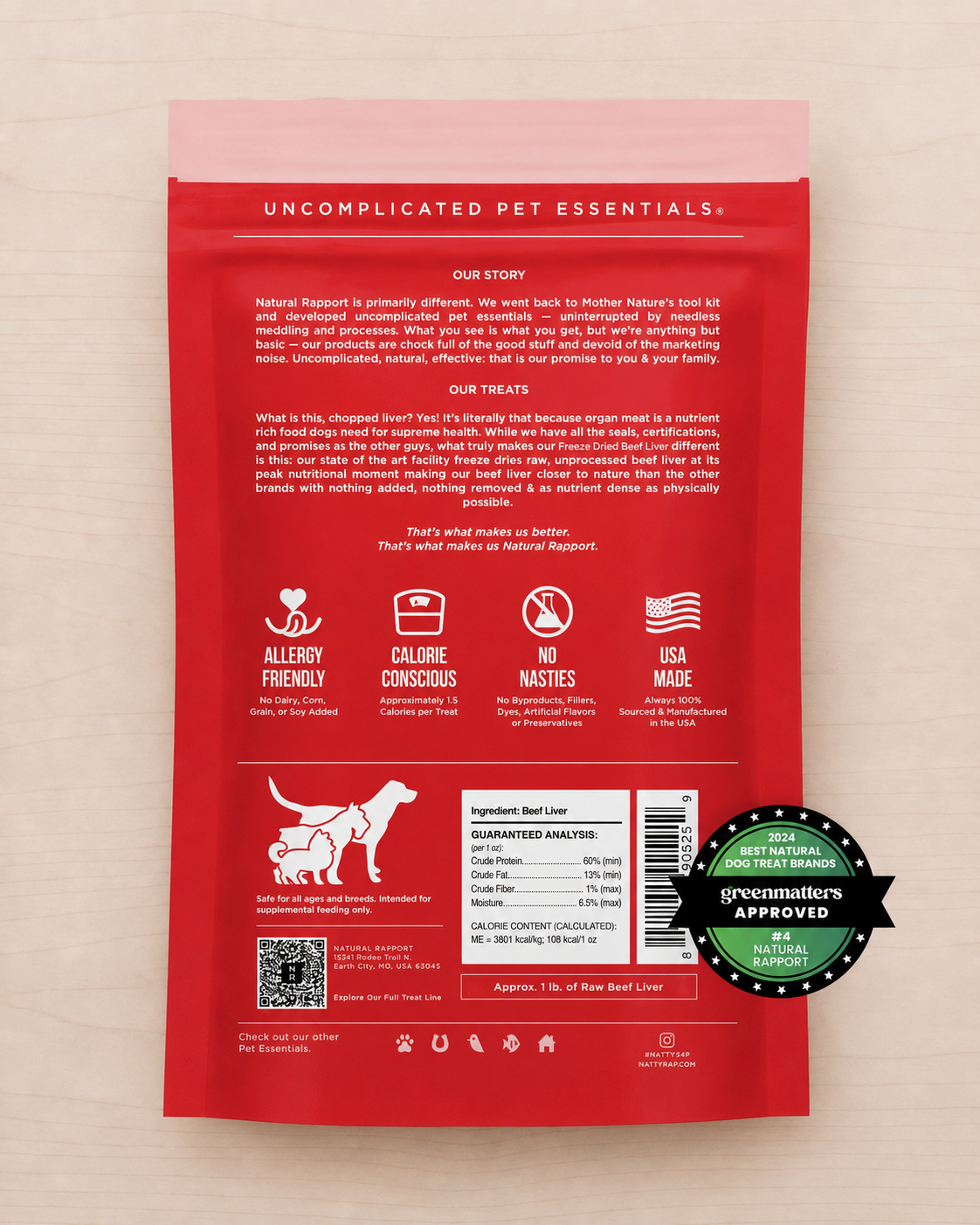 Allgood freeze dried dog treats shown on a light wood background 