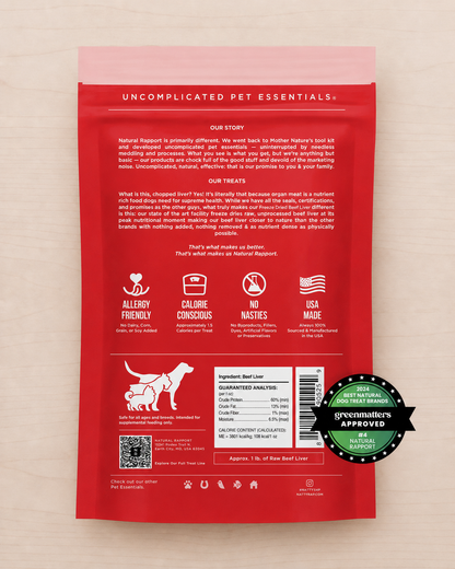 Allgood freeze dried dog treats shown on a light wood background 