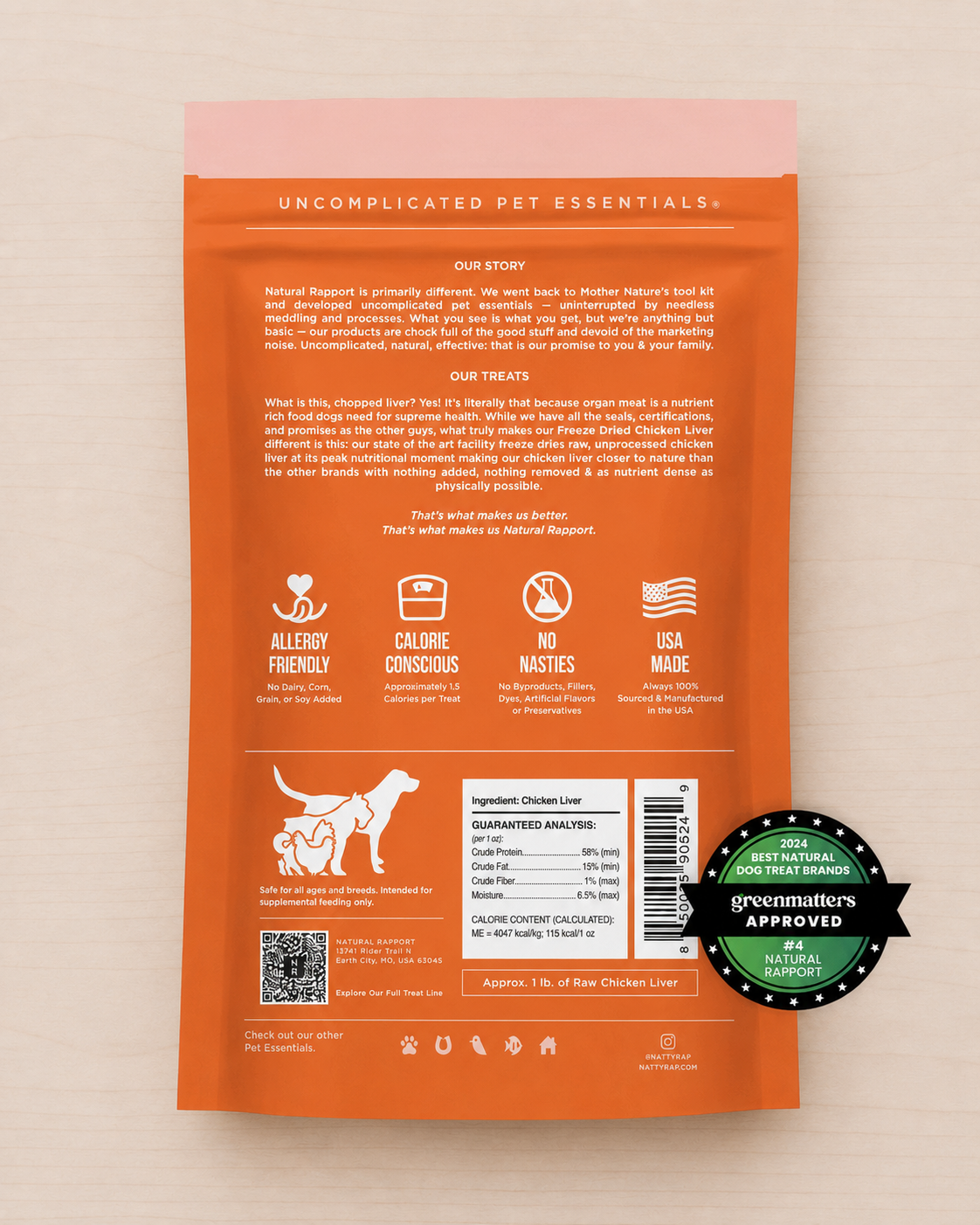 Allgood freeze dried treats,  on a light wood background.