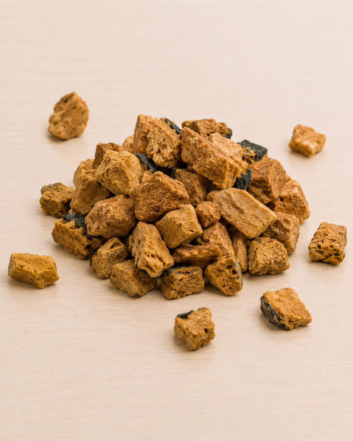 Allgood freeze dried dog treats scattered on a light beige wooden surface.