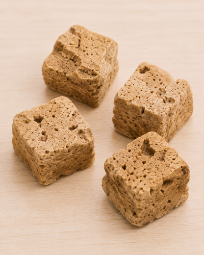 Allgood freeze dried dog treats  on a light beige wooden surface.
