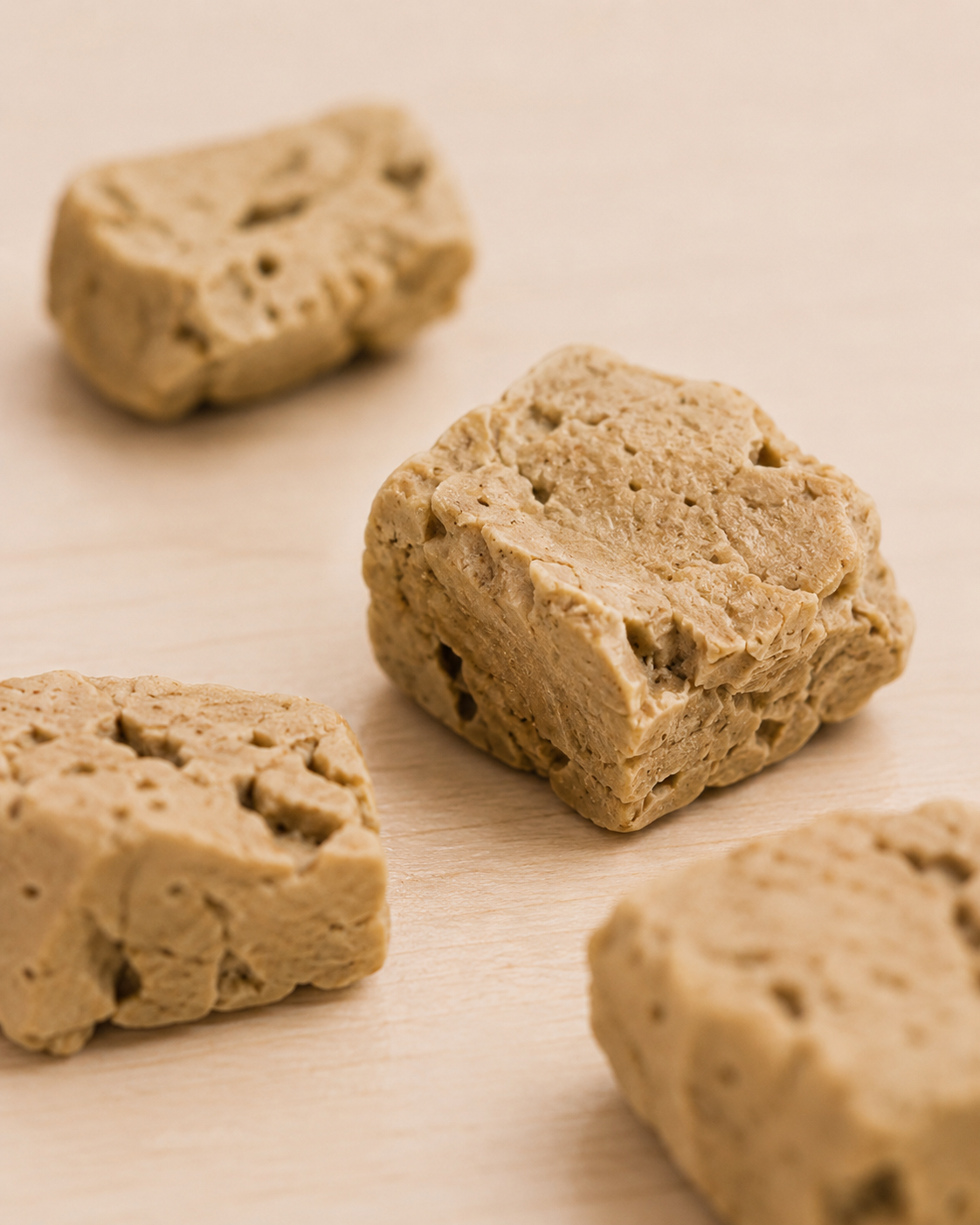 Allgood freeze dried dog treats, four square pieces on a light beige wooden surface.