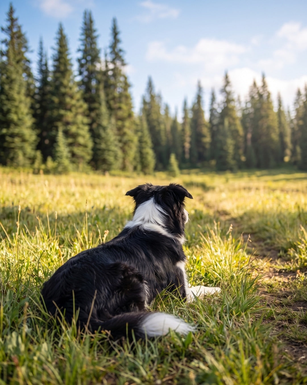 A black and white dog sits in a grassy field looking toward a forest of tall pine trees under a blue sky, thinking about Allgood Pet Supplies single-ingredient treats and chews.