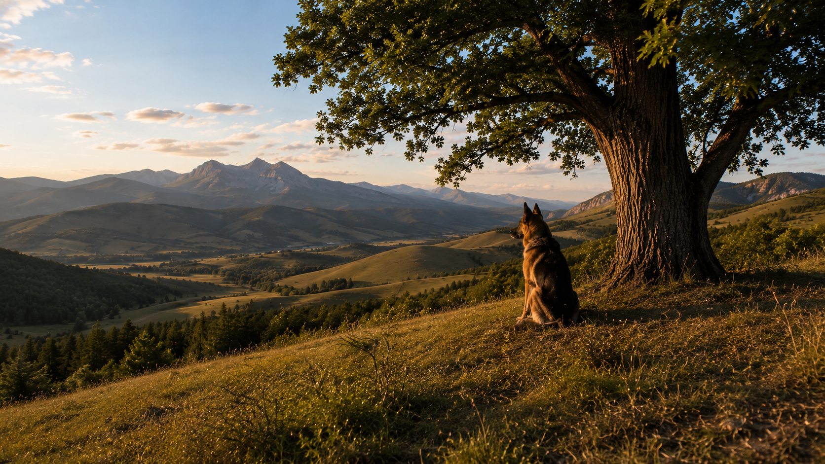 A German Shepherd dog sits under a large tree on a grassy hill, overlooking a scenic mountain valley at sunset.