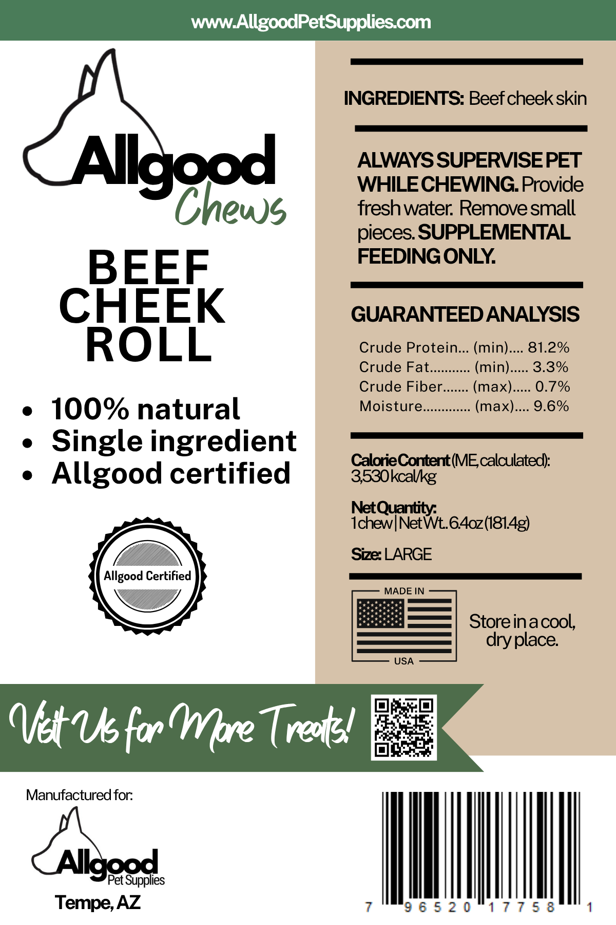 Label for Allgood Chews Beef Cheek Roll with product details and branding.