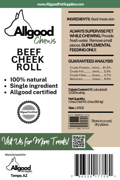 Label for Allgood Chews Beef Cheek Roll with product details and branding.