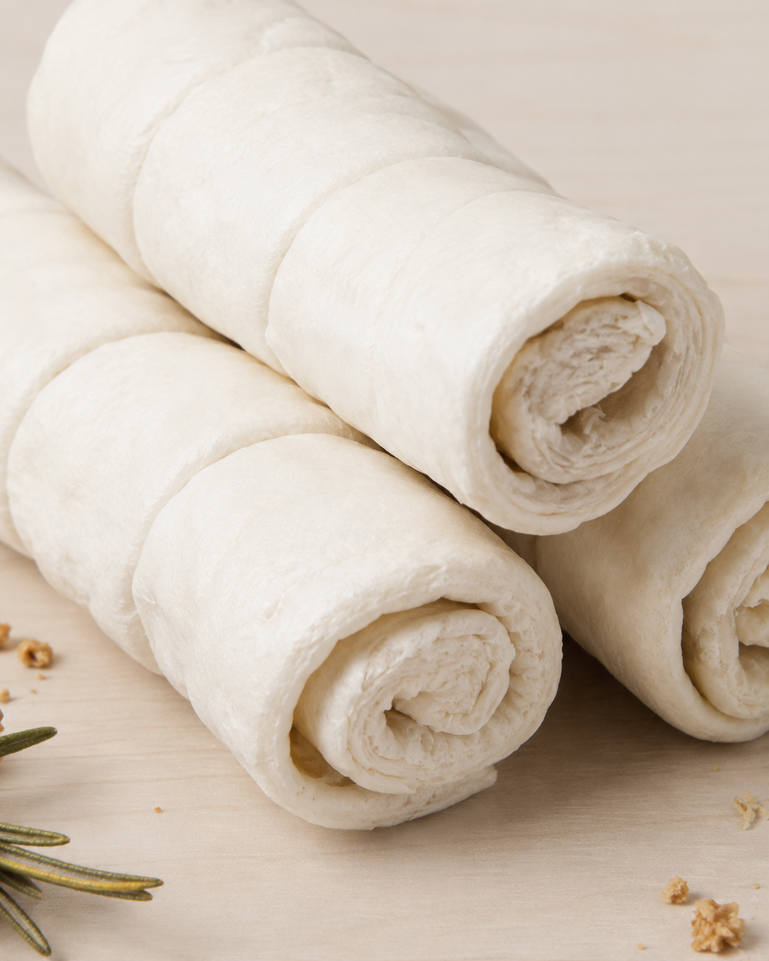Three beef cheek rolls, arranged on a light wooden surface with a sprig of rosemary and crumbs nearby.