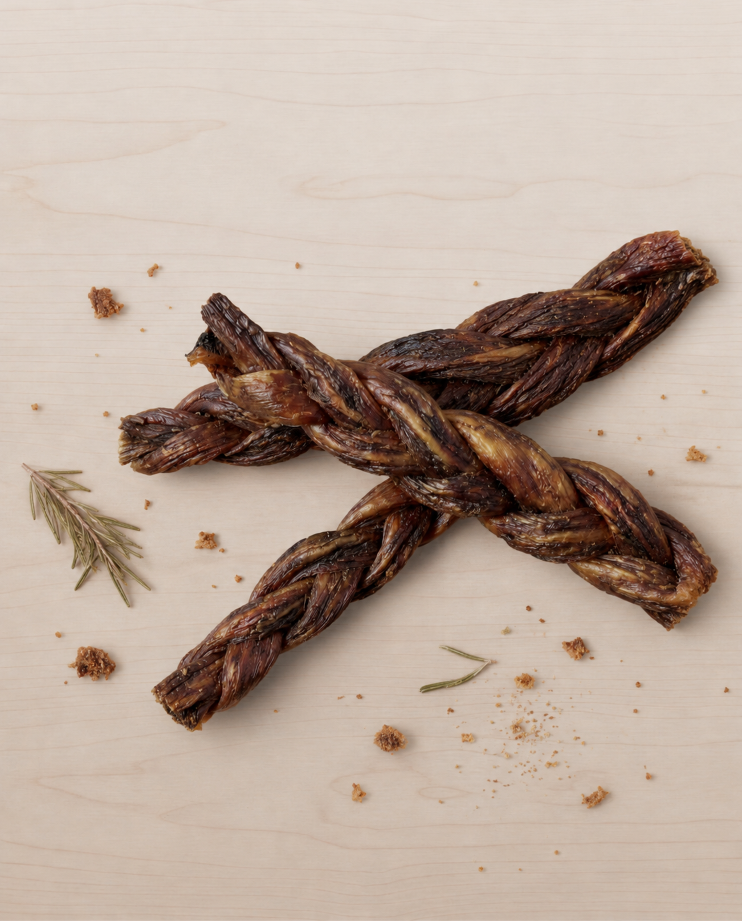 Allgood braided beef gullet treat on a light wooden surface with rosemary leaves