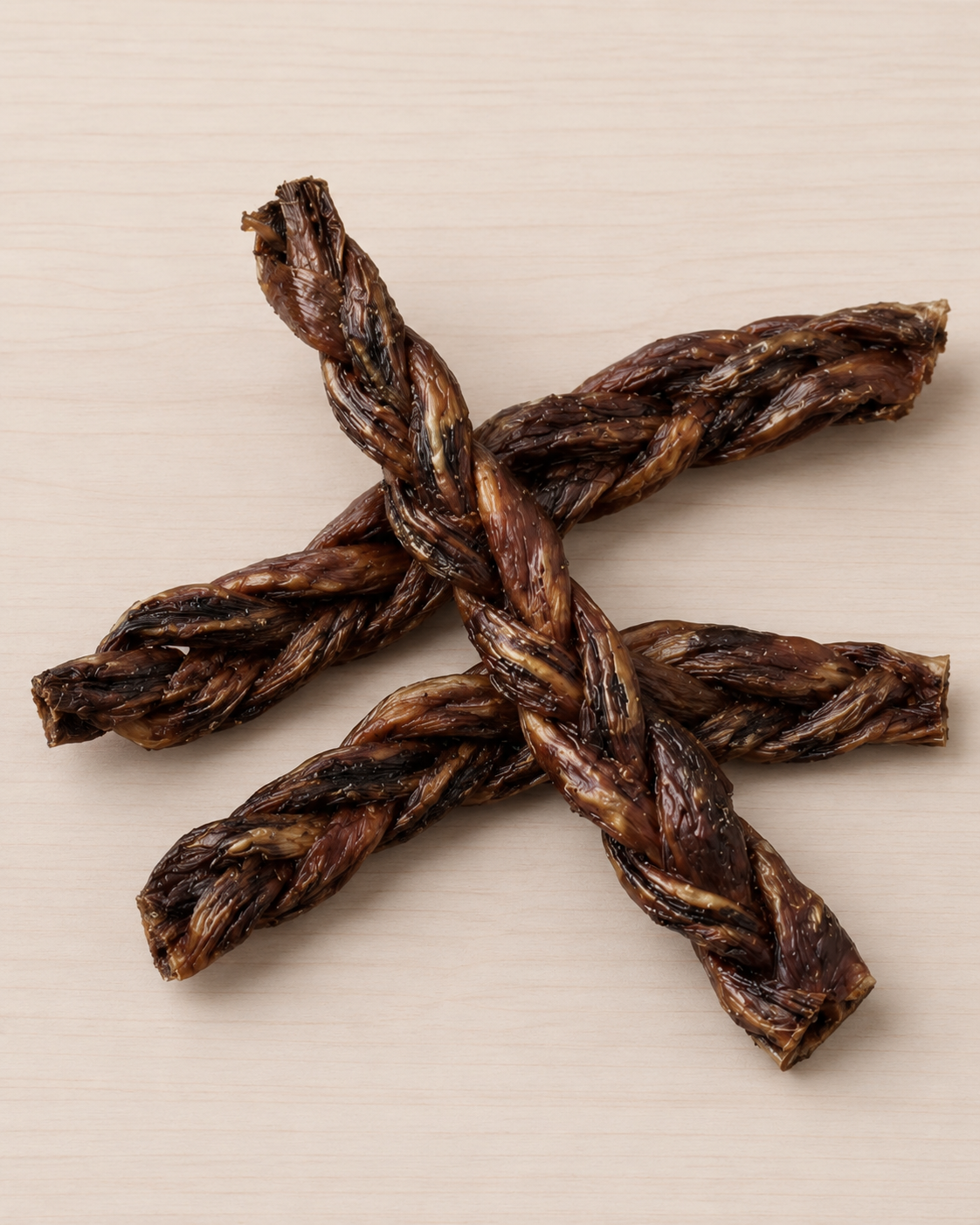 Four dark brown braided dog treats arranged in a cross shape on a light beige wood-grain background.