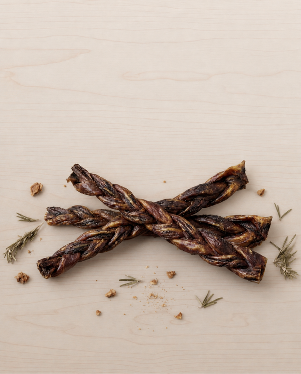 Allgood two braided dog treats on a light wooden surface with dill leaves.