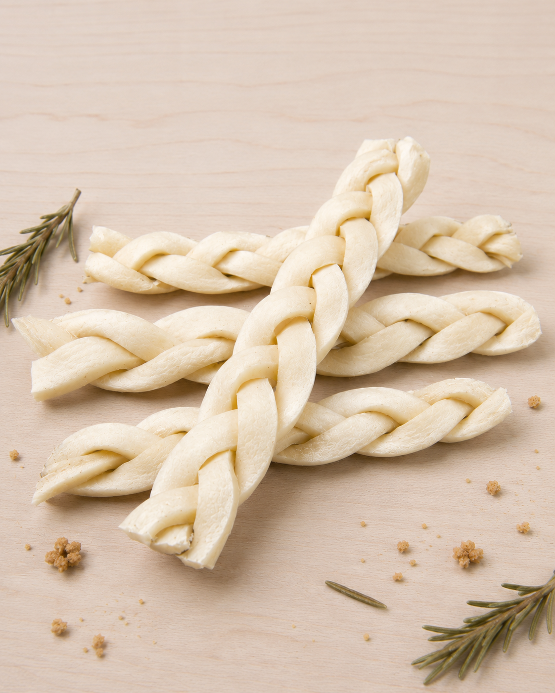 Four Allgood braided beef cheek chews, arranged on a light wood surface with small rosemary sprigs and crumbs.