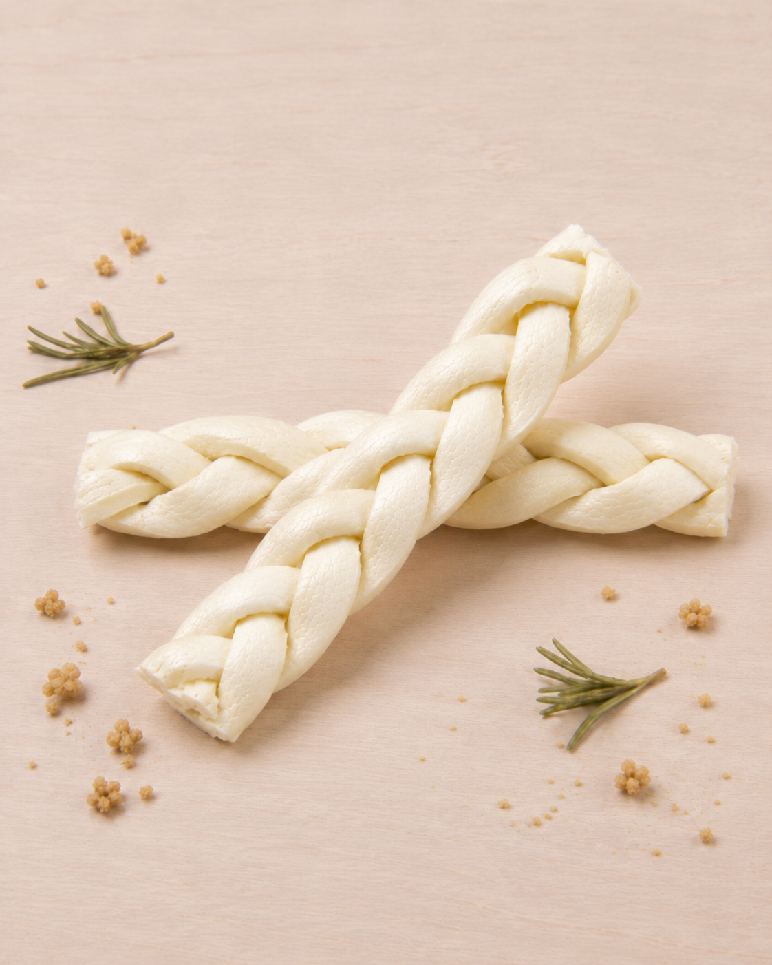 Allgood braided beef cheek chews crossed on a light beige surface with small rosemary sprigs and crumbs around them.