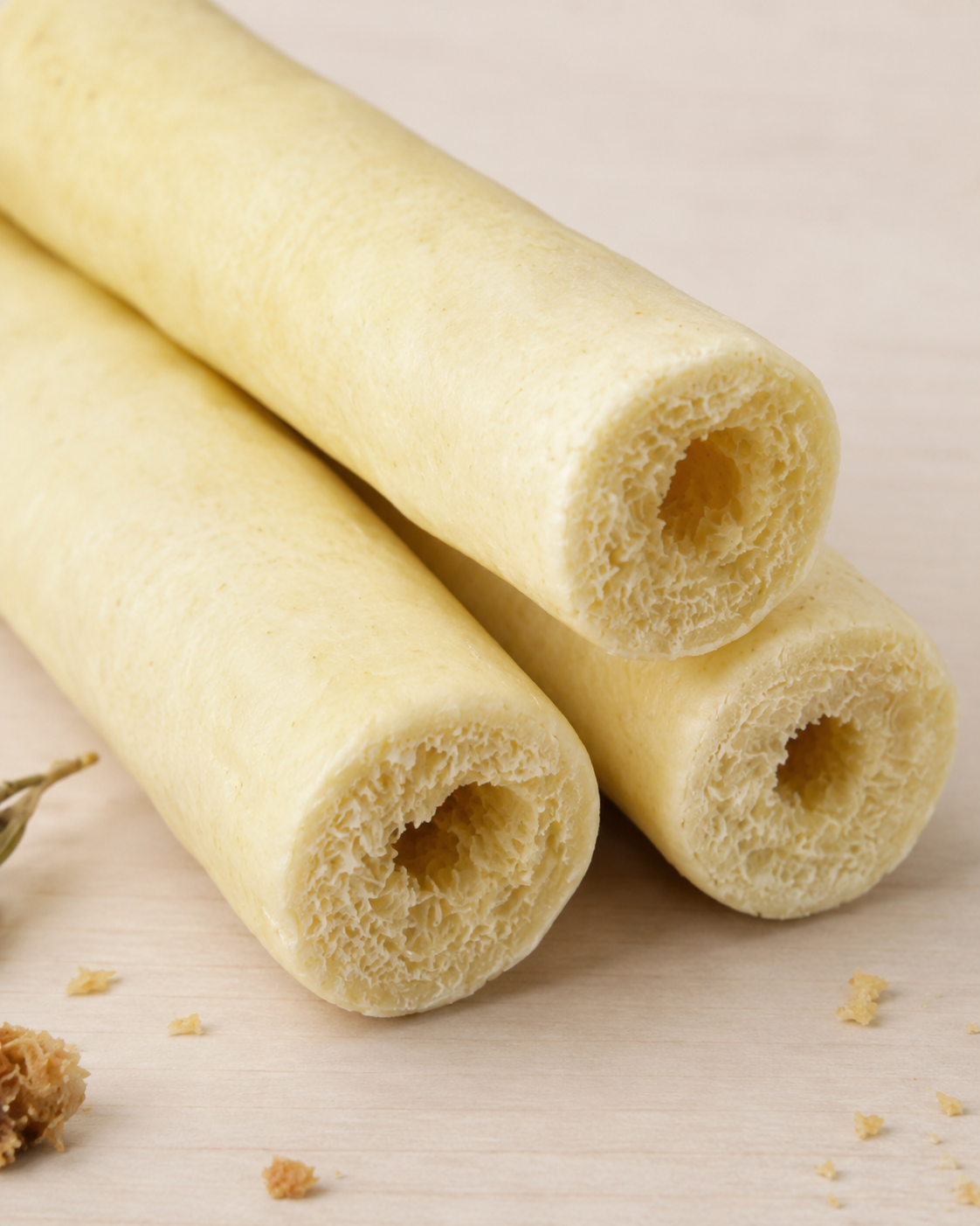 Three dog chew bones arranged on a light beige wooden surface with a few crumbs nearby.