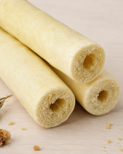 Three dog chew bones arranged on a light beige wooden surface with a few crumbs nearby.