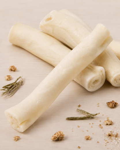 Pale dog chew bones arranged on a light beige surface with a few rosemary sprigs and small crumbs nearby.