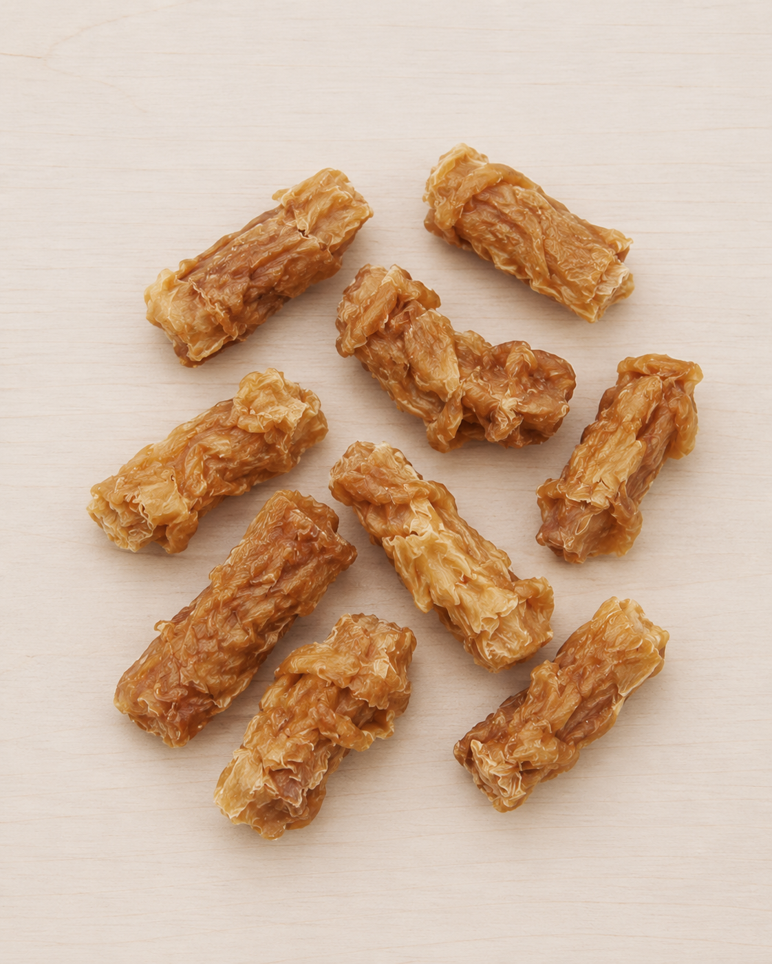 Nine dried, textured golden-brown sticks, likely beef jerky or dried meat snacks, arranged on a light beige wooden surface.