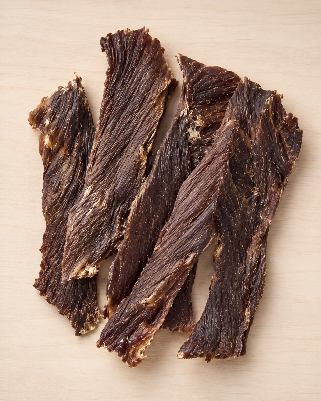 Four strips of beef jerky with a textured, dry surface, arranged on a light beige wood background.