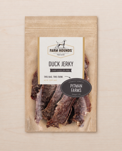 Allgood packaged duck jerky on a beige background