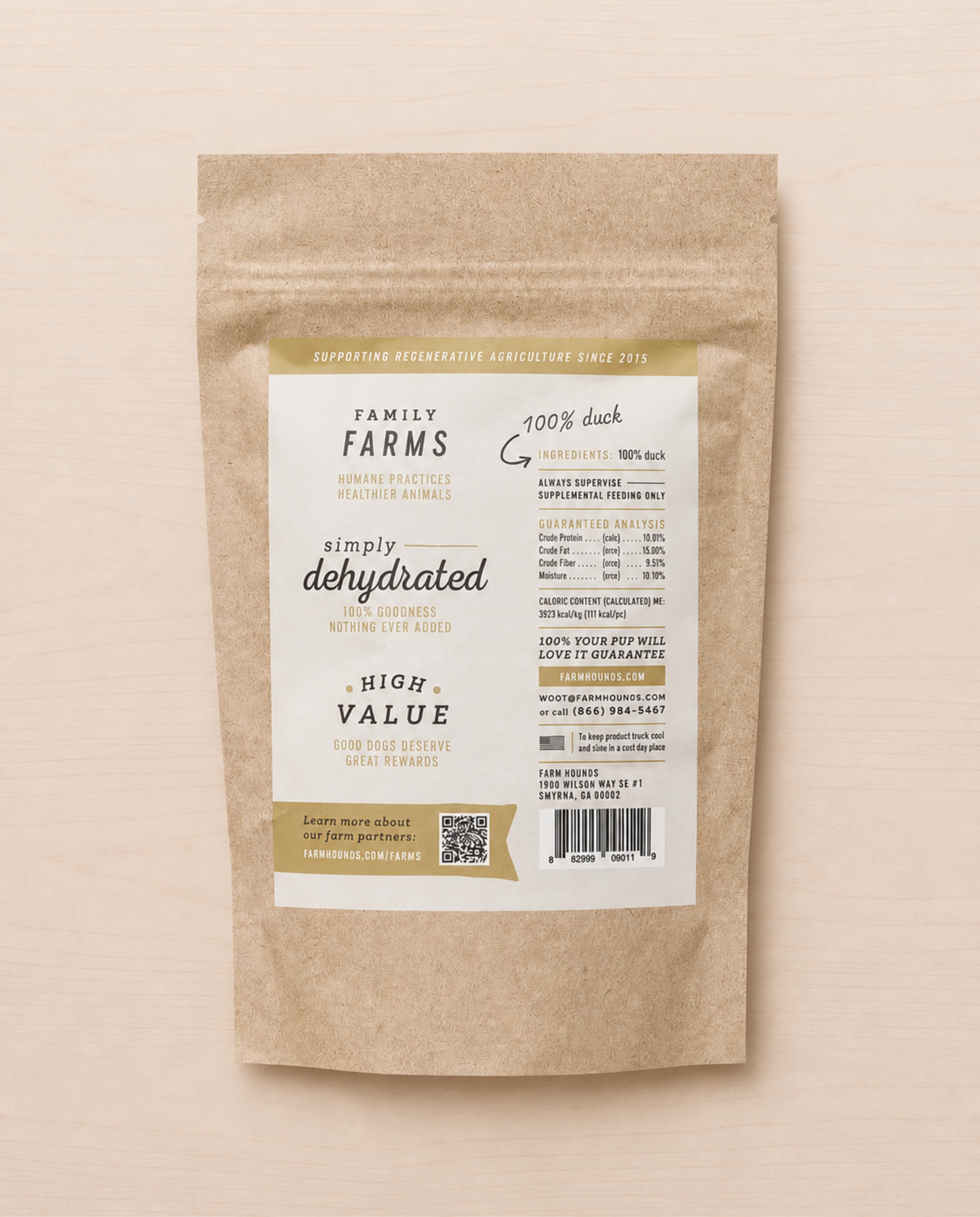 Allgood duck dog treat  package with a label on a beige background