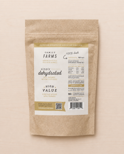 Allgood duck dog treat  package with a label on a beige background