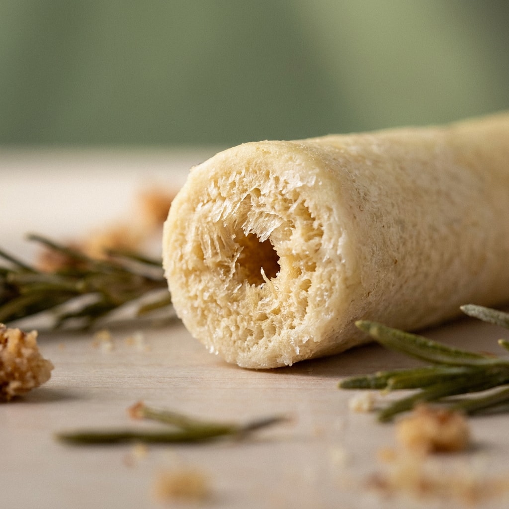 A close-up of a beef tail chew by Allgood Pet Supplies shown on a light surface with rosemary sprigs and crumbs around it.