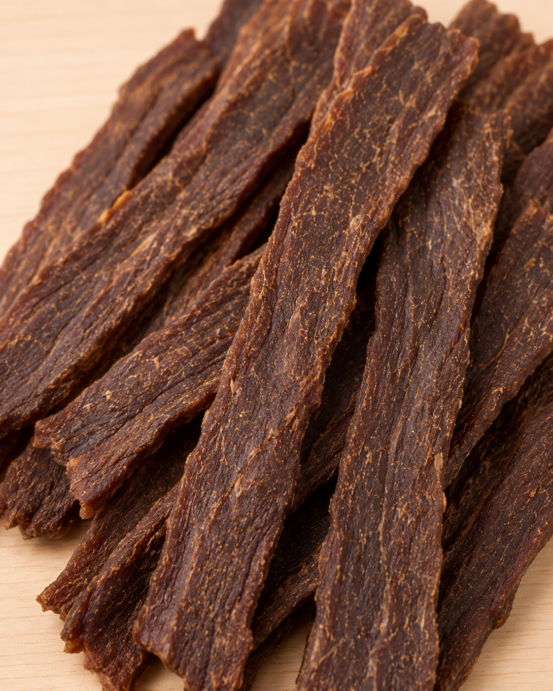 Allgood beef jerky strips with a textured, chewy surface arranged on a light beige wooden background.