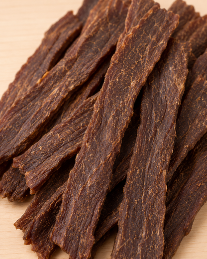 Allgood beef jerky strips with a textured, chewy surface arranged on a light beige wooden background.