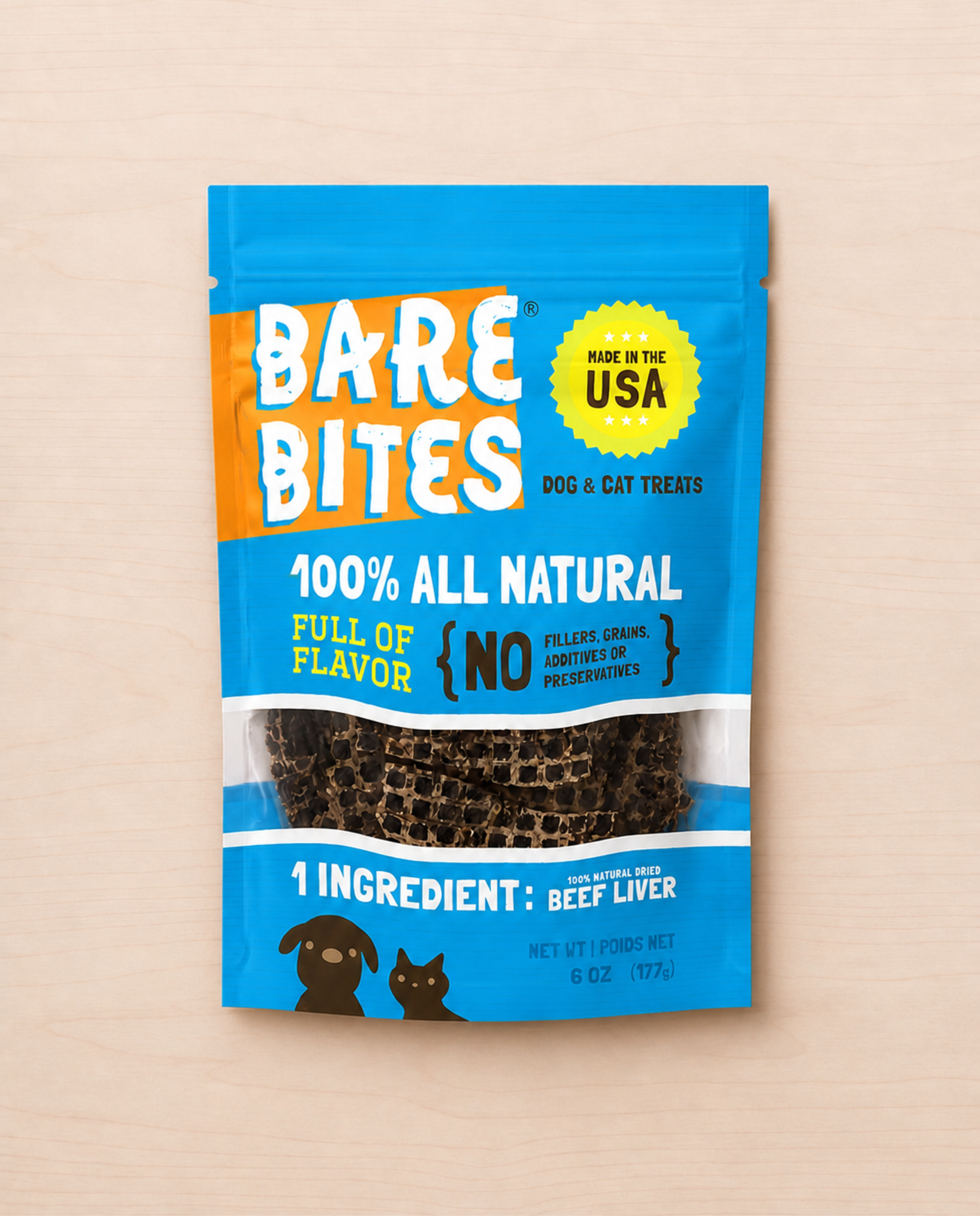 Allgood beef liver dog and cat treats packaging on a beige background