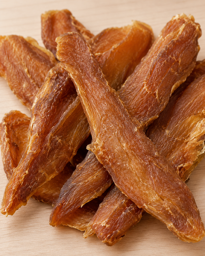 Allgood chicken jerky on  on a light wood surface.