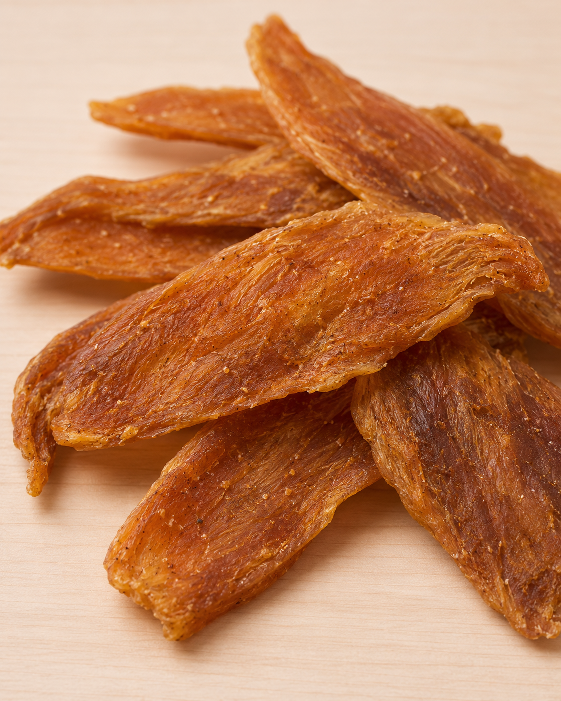 Several strips of golden-brown jerky pieces stacked on a light beige surface.