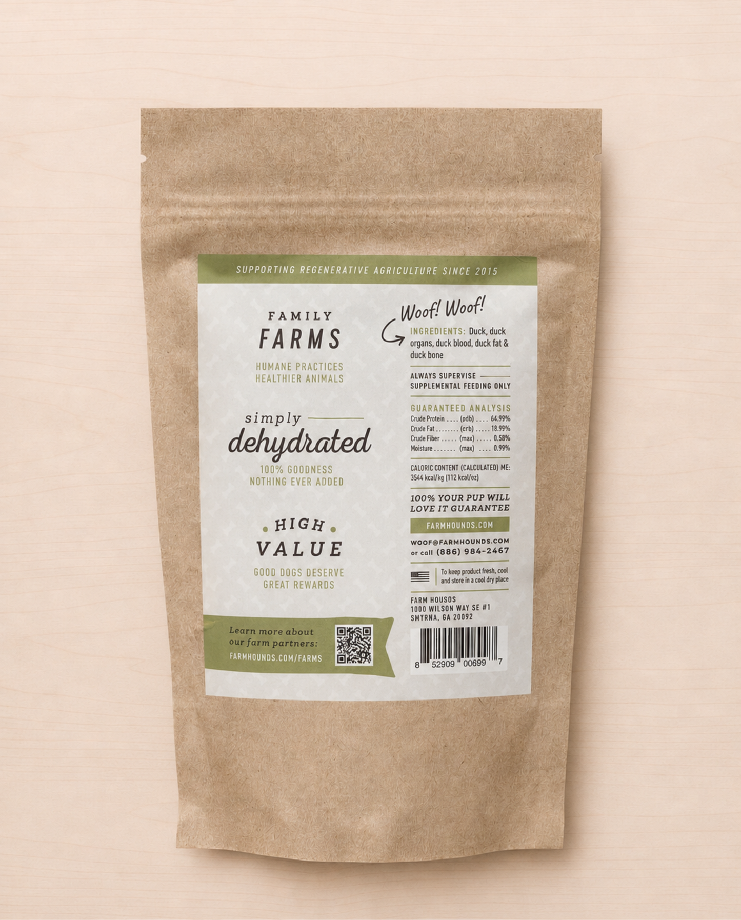 Allgood duck dog treats package on a beige background.