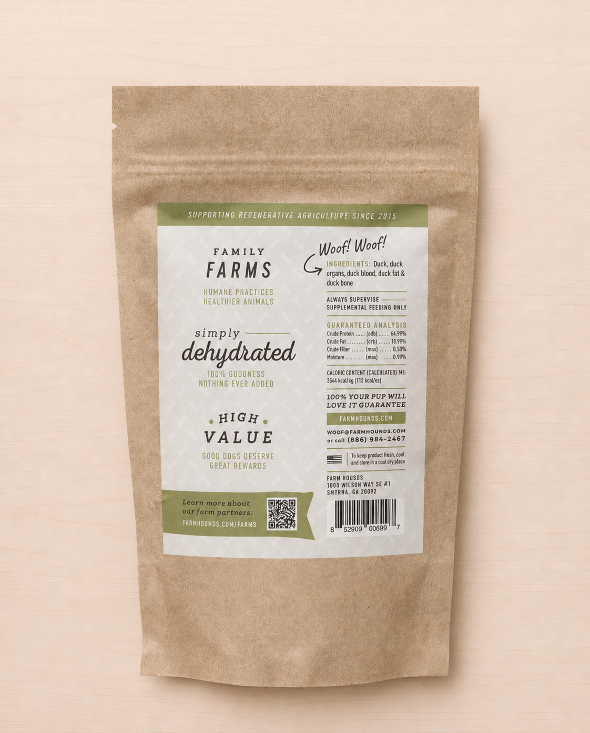 Allgood duck dog treats package on a beige background.