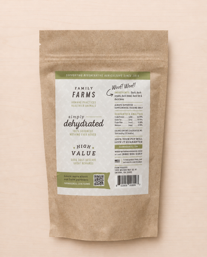 Allgood duck dog treats package on a beige background.