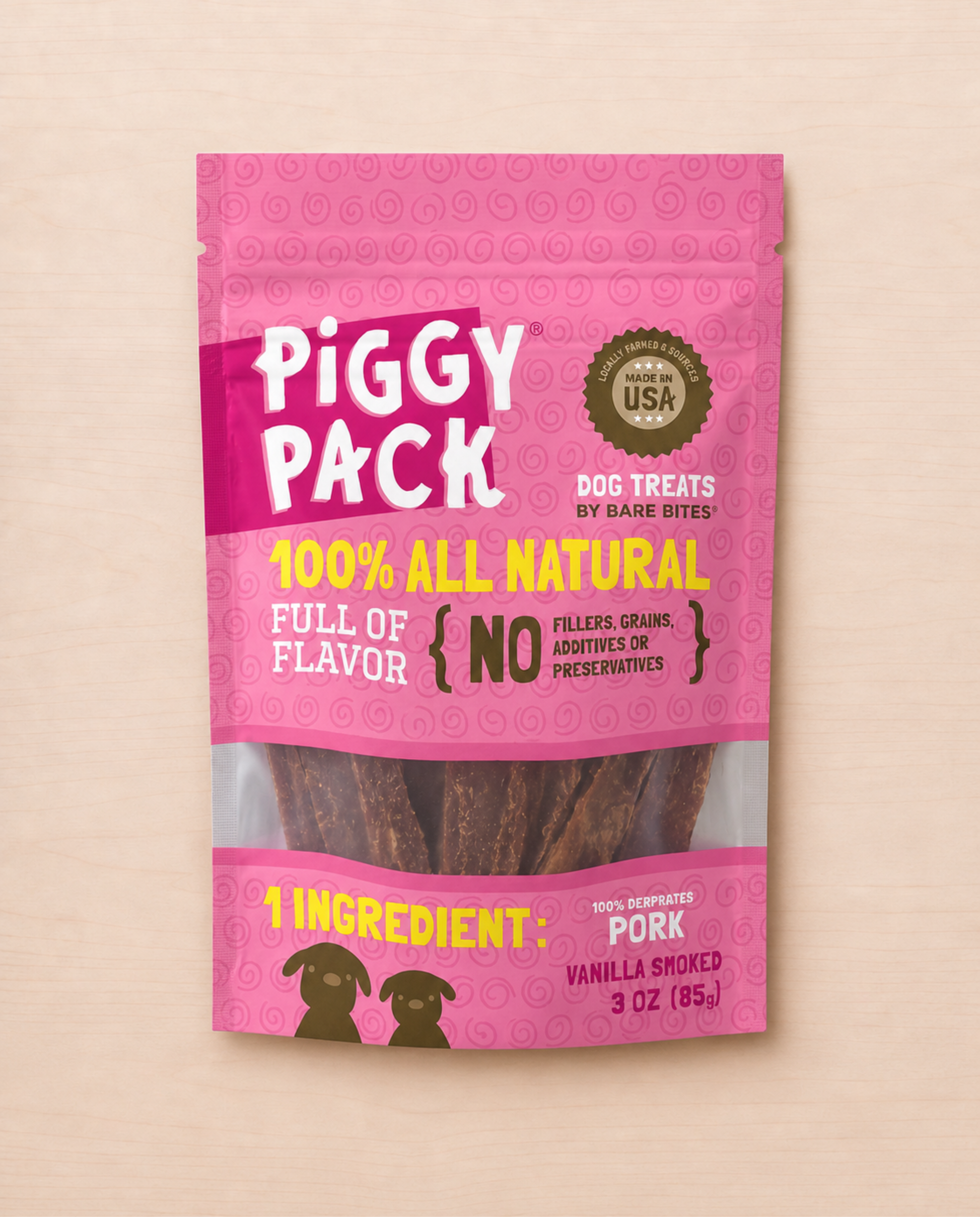Allgood pork dog treats packaging on a beige background