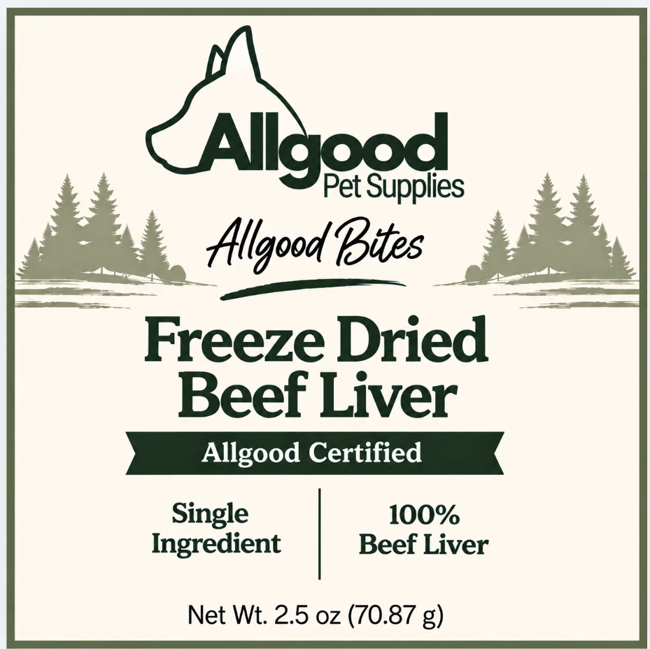 Allgood Bites Freeze Dried Beef Liver front label, Allgood Certified, single ingredient