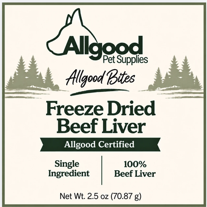 Allgood Bites Freeze Dried Beef Liver front label, Allgood Certified, single ingredient