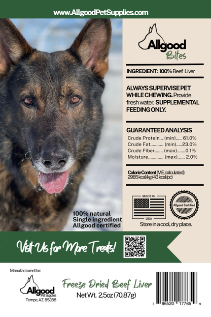 Allgood Bites Freeze Dried Beef Liver label, with Atlas the German Shepherd and the guaranteed analysis panel